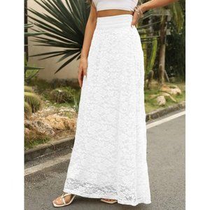 HIGH Elastic Waist Floral Lace Maxi Skirts White
